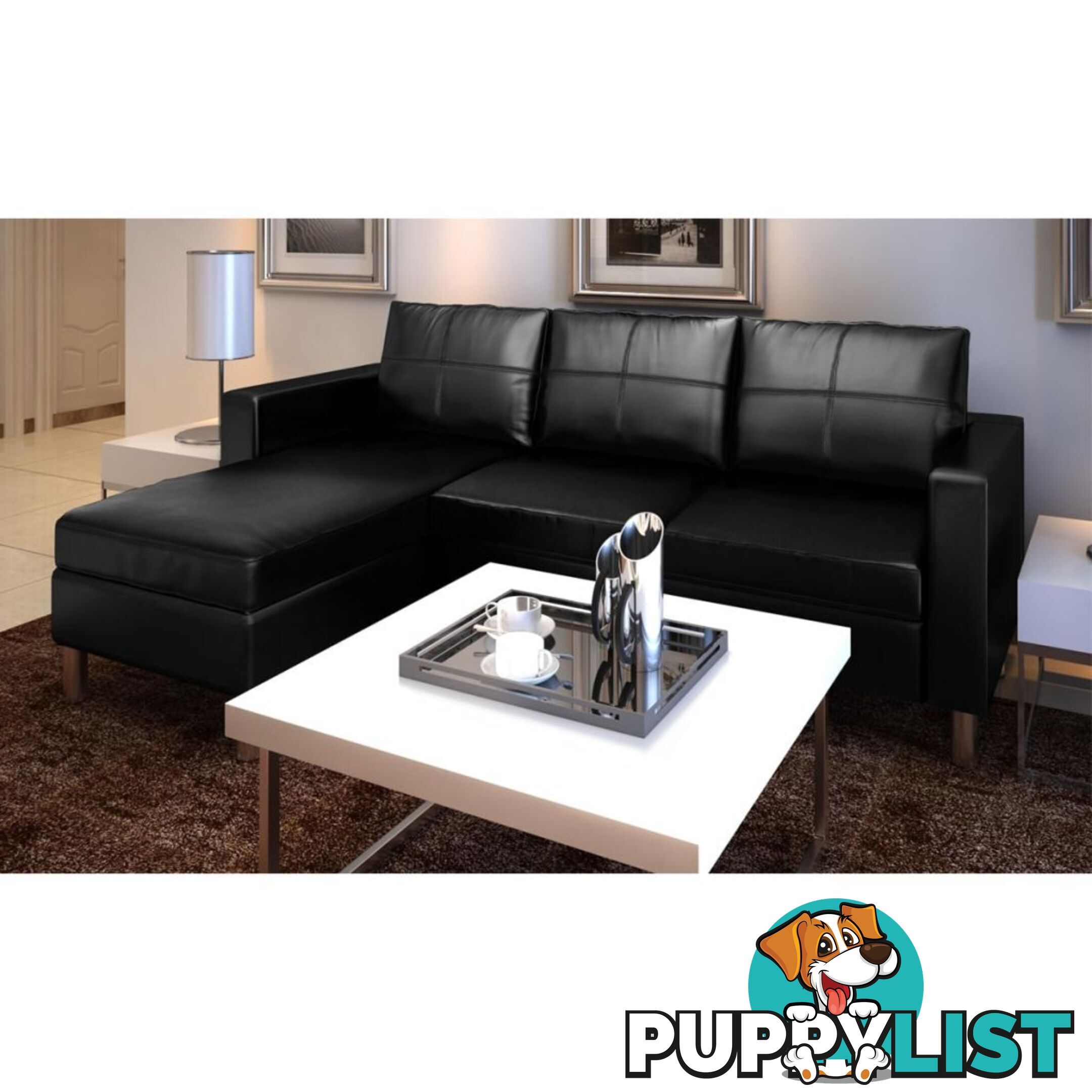 3-Seater L-Shaped Artificial Leather Sectional Sofa - Black - Unbranded - 4326500433657