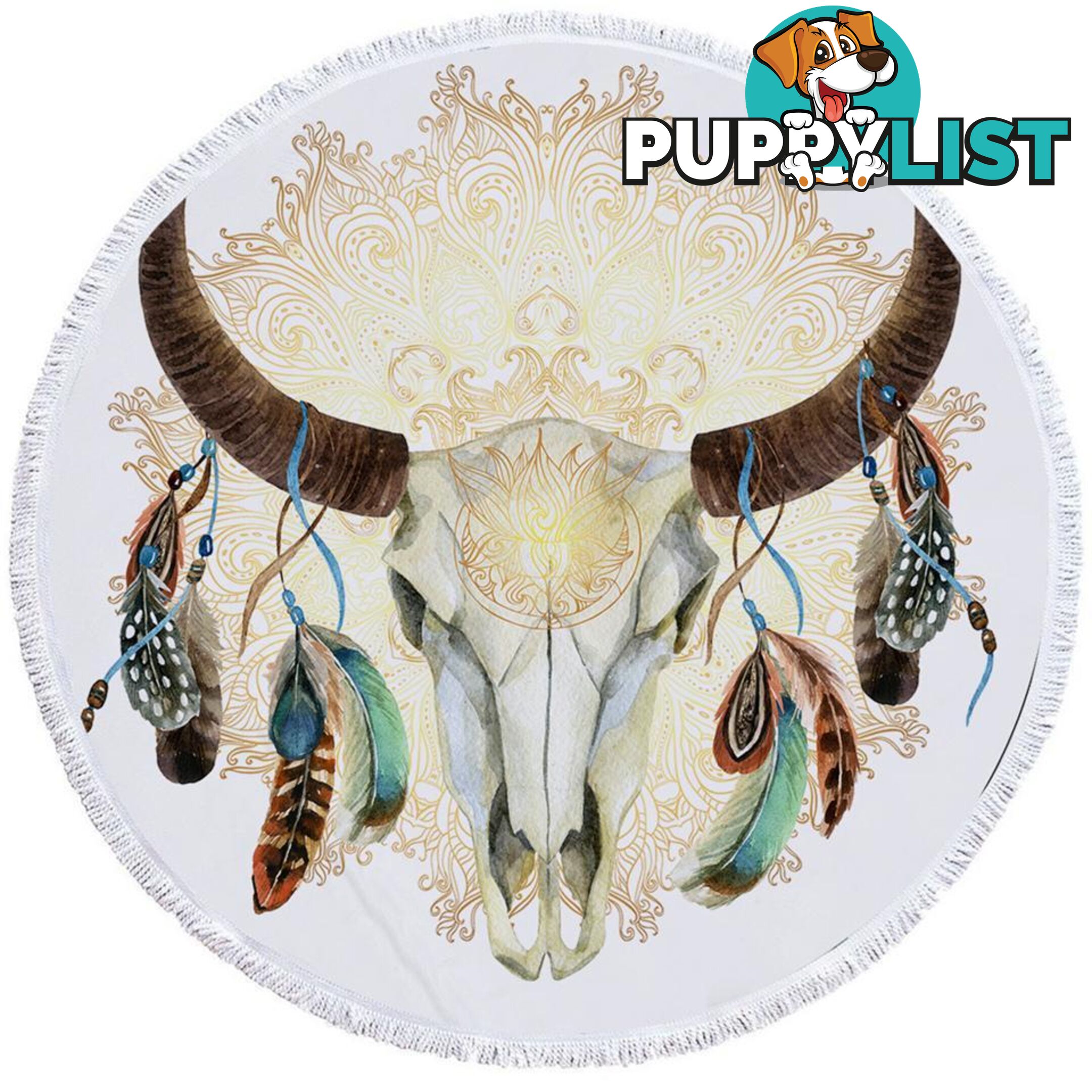 Bull Skull Feathers and Mandala Beach Towel - Towel - 7427046314268