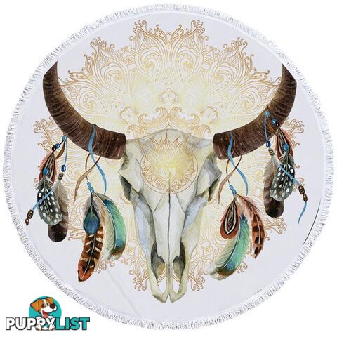 Bull Skull Feathers and Mandala Beach Towel - Towel - 7427046314268