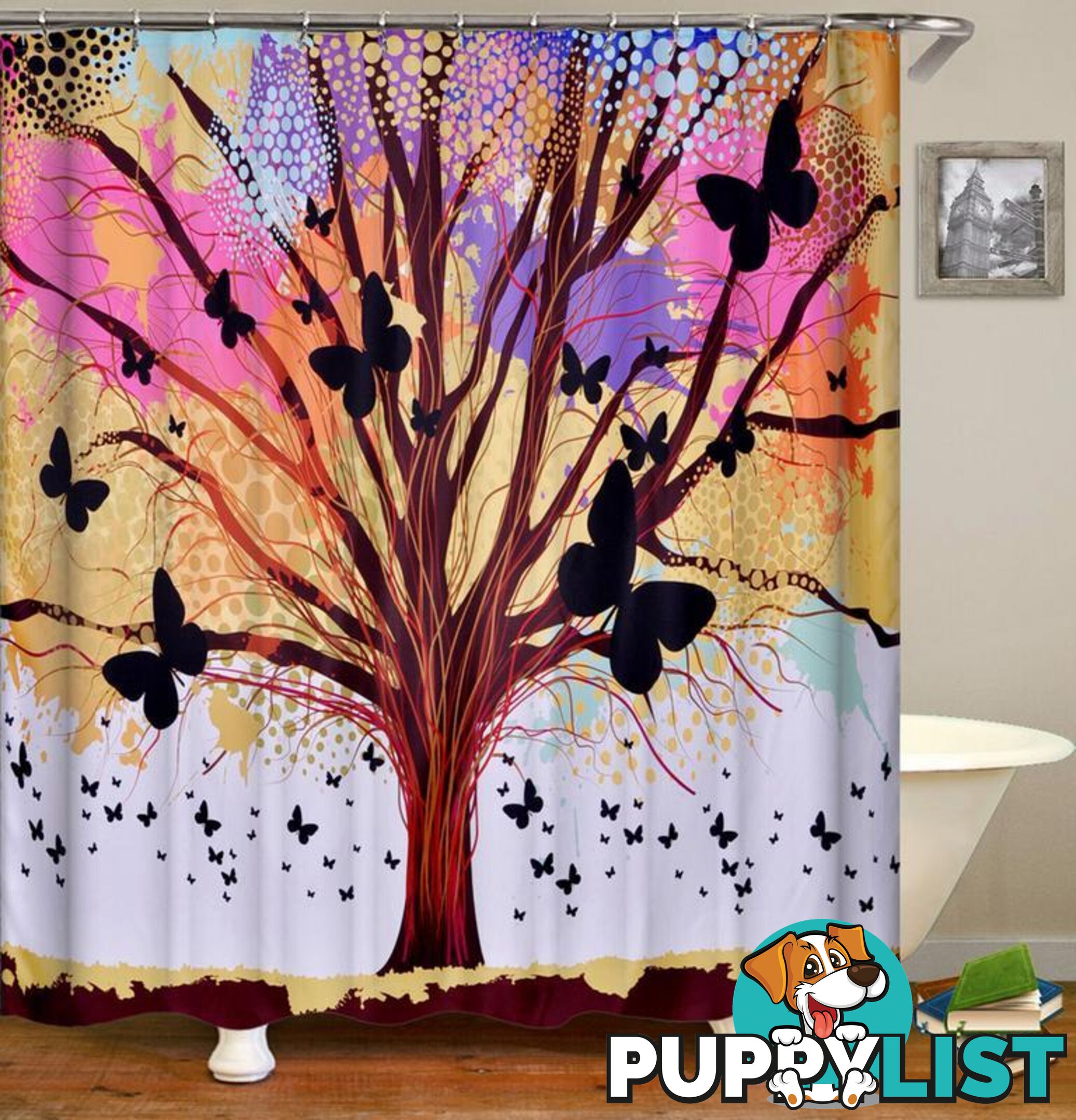 Pastel Colors Tree And Butterflies Shower Curtain - Curtains - 7427045954854