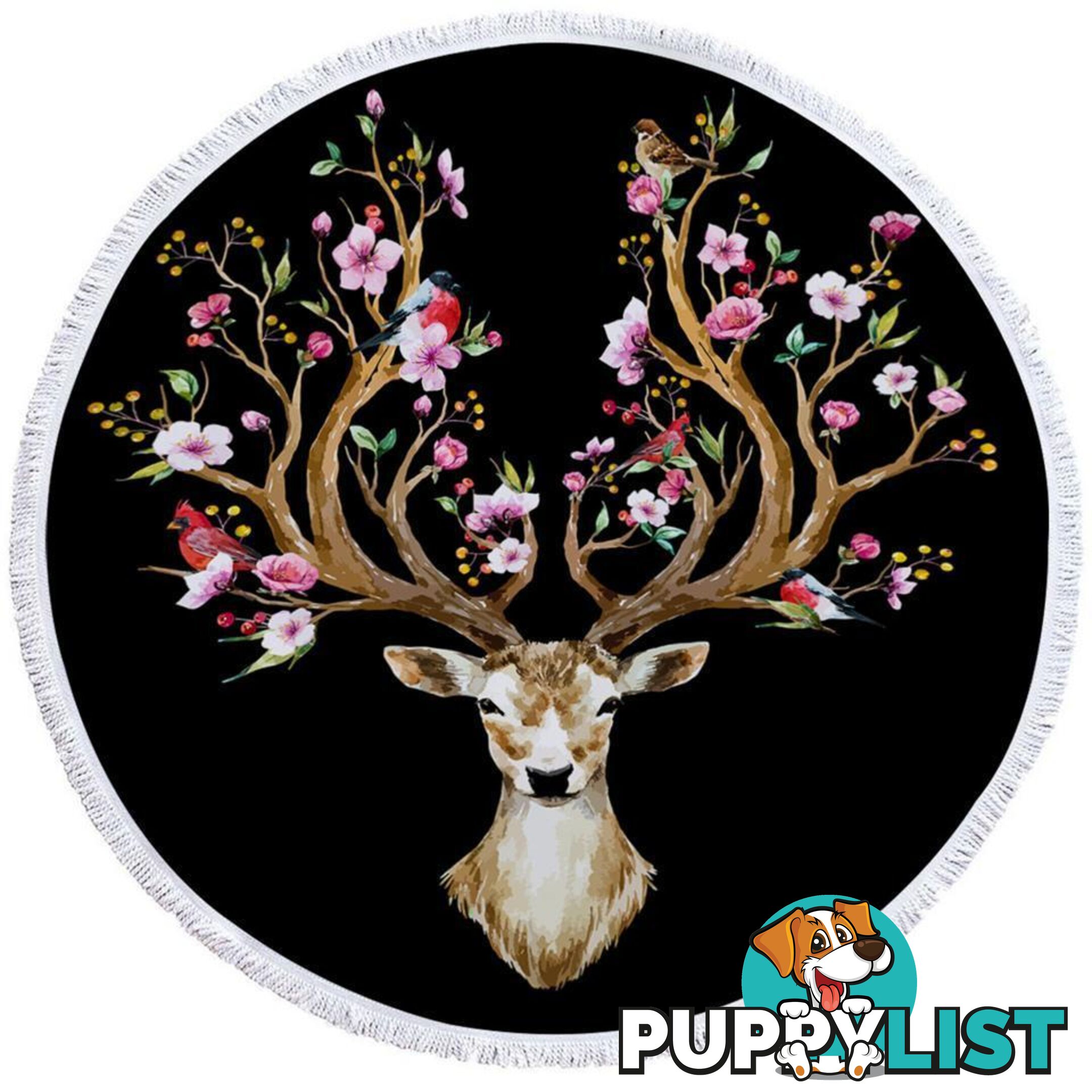 Black Background Floral Deer Beach Towel - Towel - 7427046312820