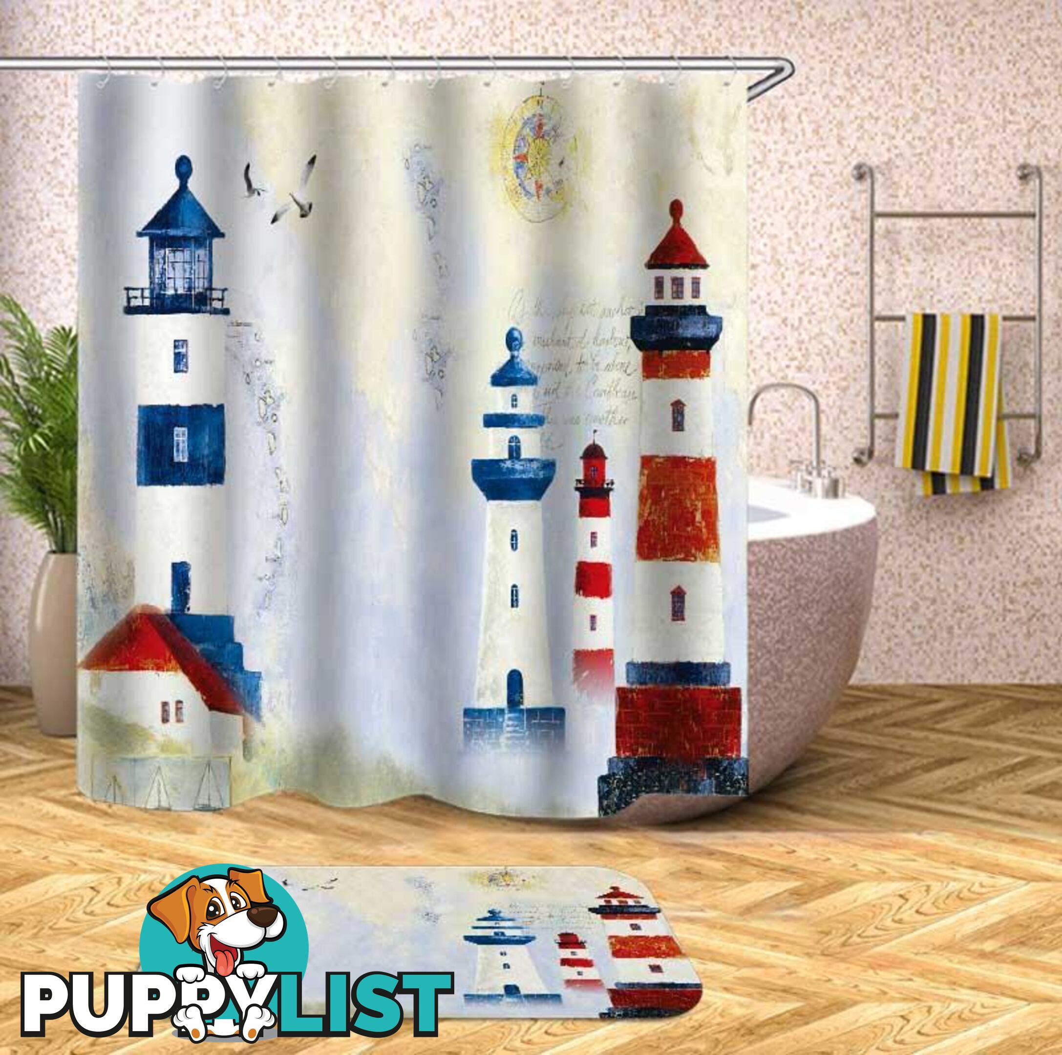 Old Town Lighthouse Painting Shower Curtain - Curtain - 7427046074476