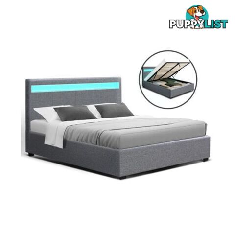 Led Bed Frame Queen Size Gas Lift Base With Storage Grey Fabric Cole - Artiss - 9355720096781