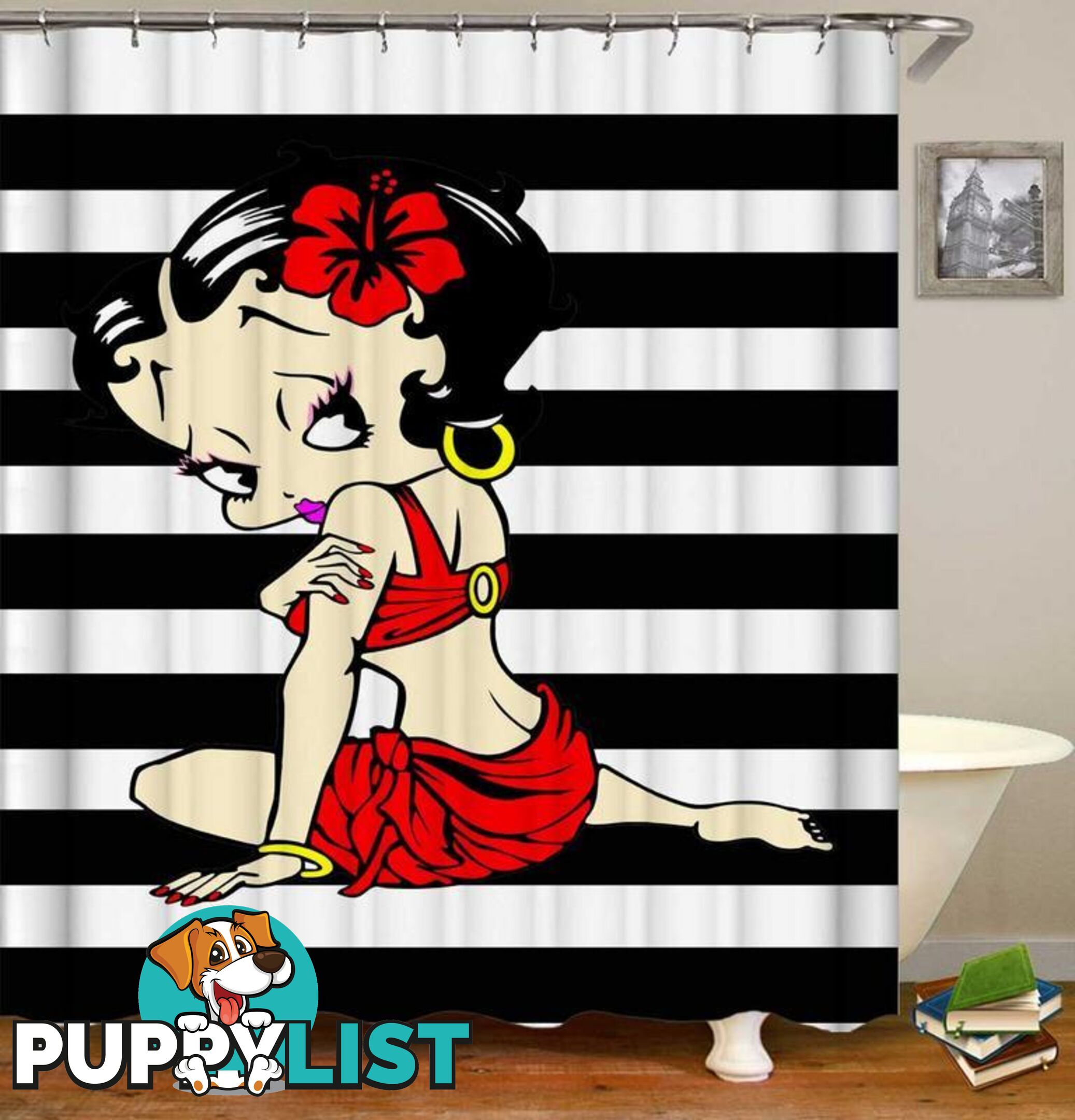 Sexy Betty Boop Over Black And White Stripes Shower Curtain - Curtain - 7427046054003