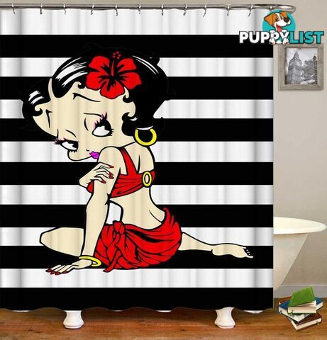 Sexy Betty Boop Over Black And White Stripes Shower Curtain - Curtain - 7427046054003