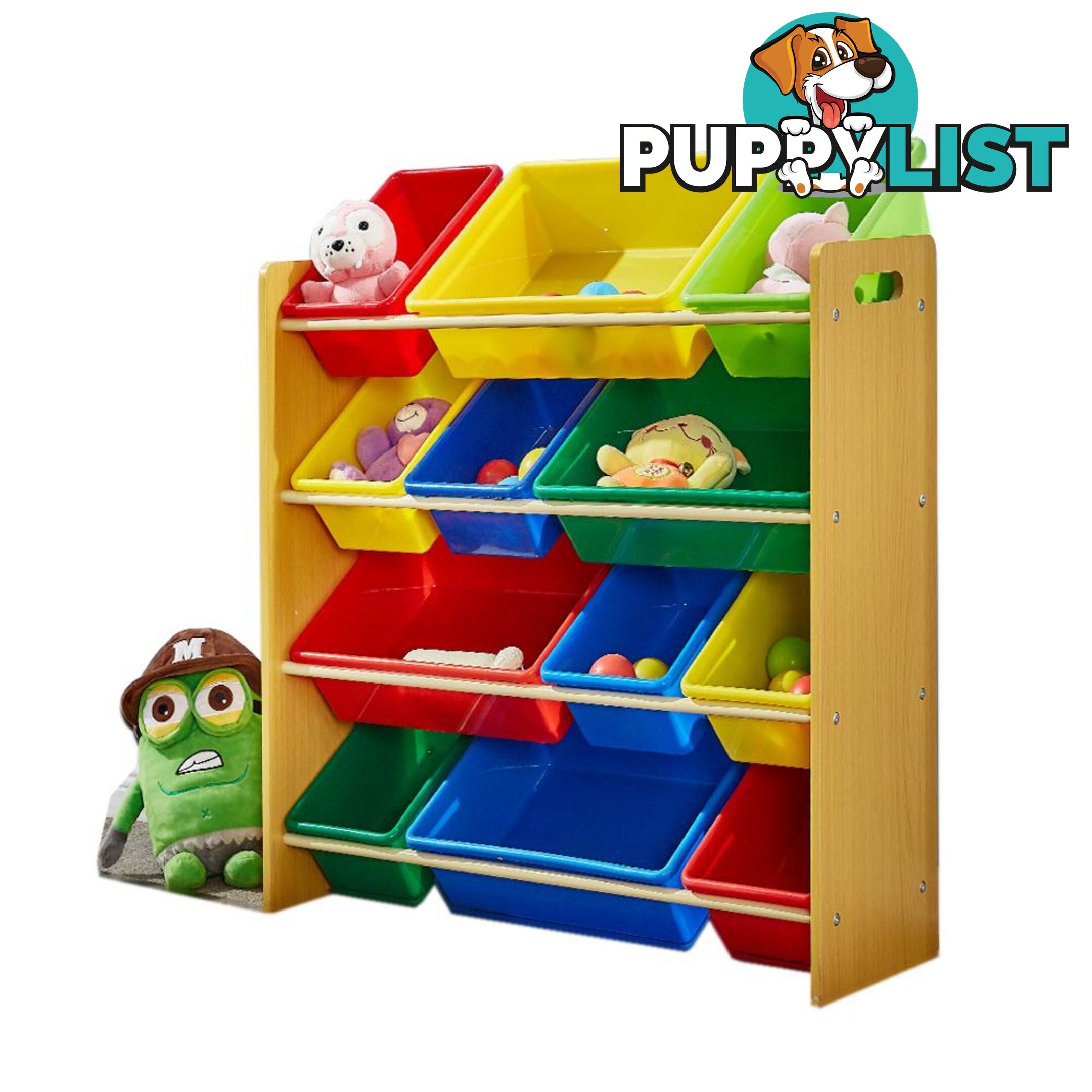 4 Tier Wooden Kids Children Organizer Bookshelf With 12 Plastic Bins - Unbranded - 787976570798