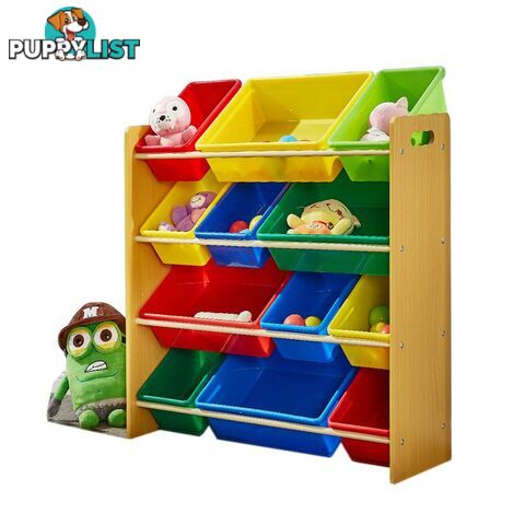 4 Tier Wooden Kids Children Organizer Bookshelf With 12 Plastic Bins - Unbranded - 787976570798