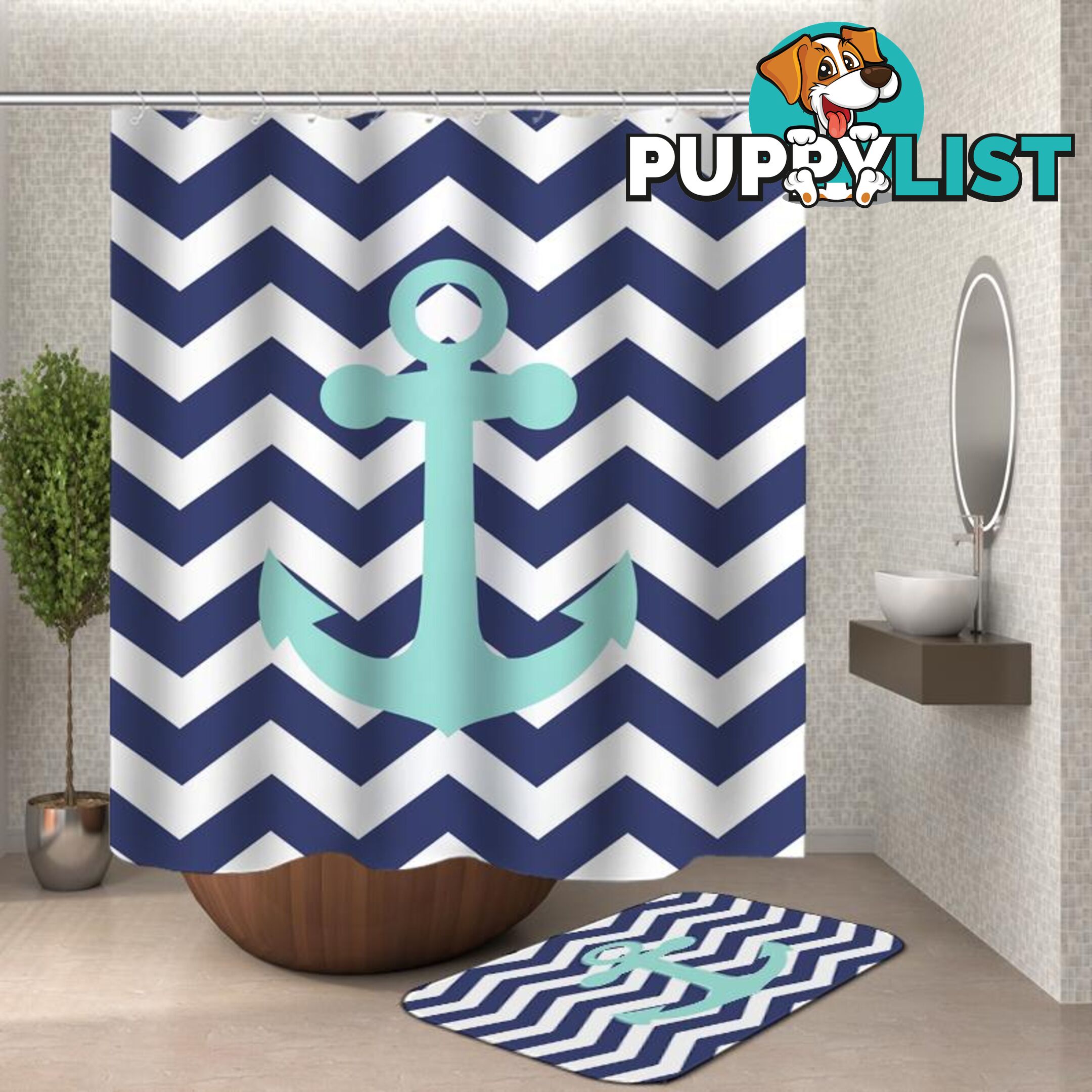 Blue White Chevron Anchor Shower Curtain - Curtain - 7427046119474