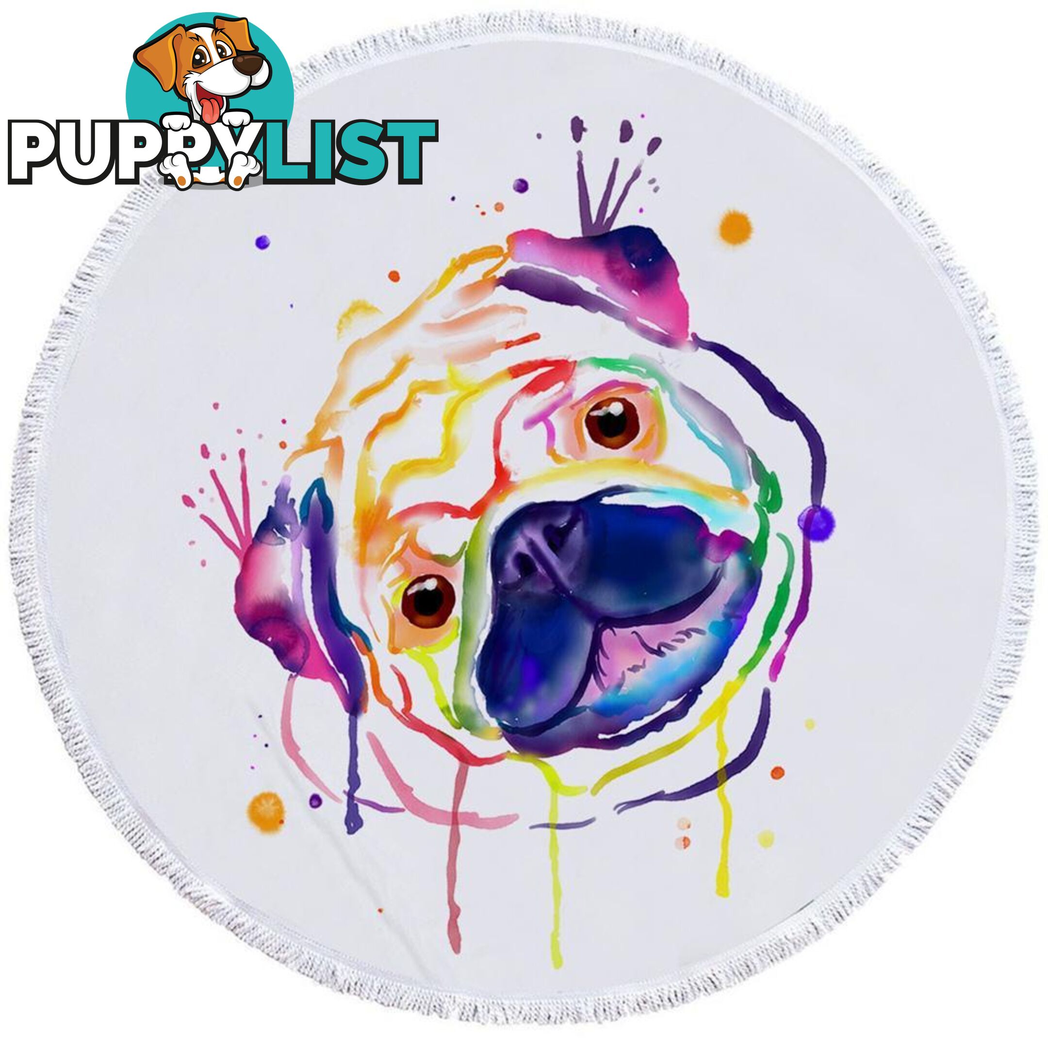 Colorful Painted Pug Beach Towel - Towel - 7427046340069