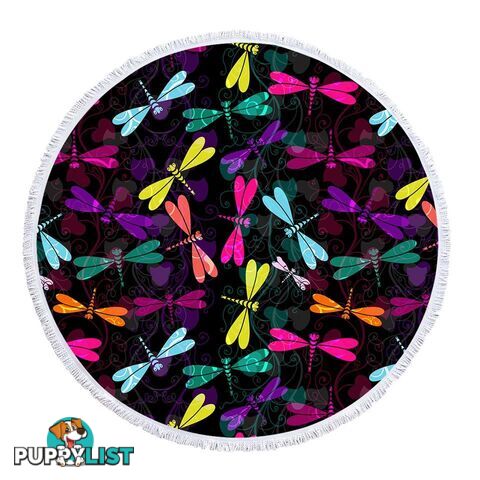 Colorful Dragonflies Over Black Beach Towel - Towel - 7427046343817