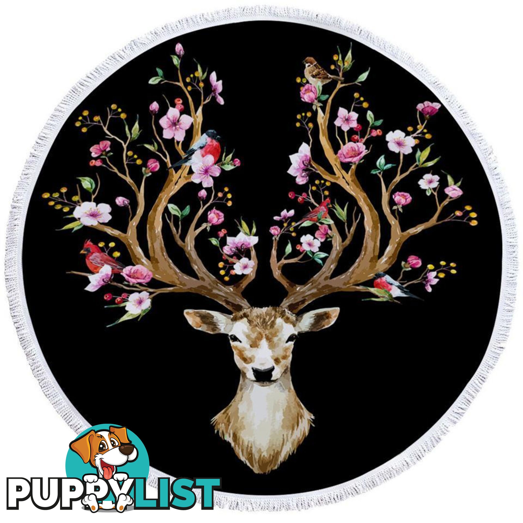 Black Background Floral Deer Beach Towel - Towel - 7427046312790