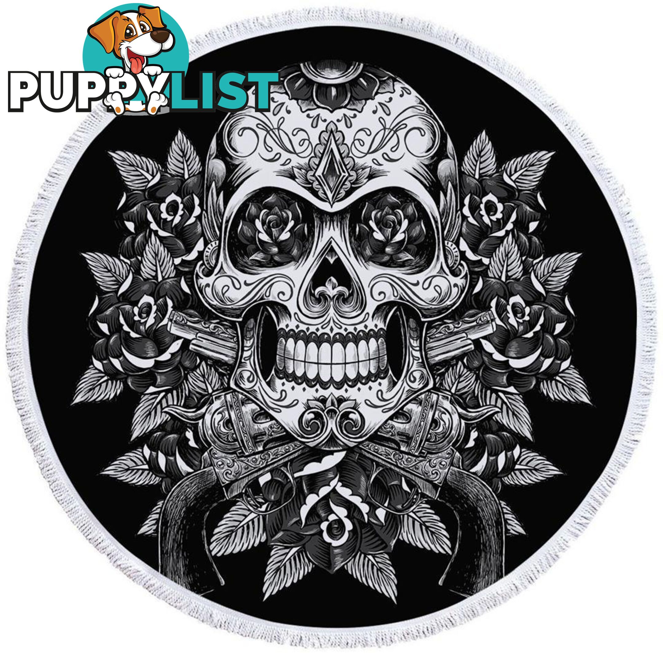 Black and White Skull Guns and Roses Beach Towel - Towel - 7427046320795