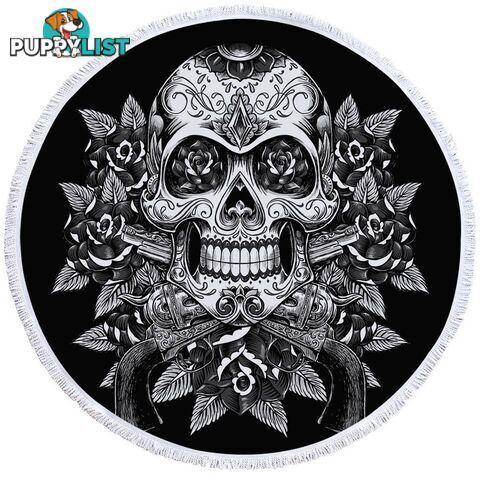 Black and White Skull Guns and Roses Beach Towel - Towel - 7427046320795