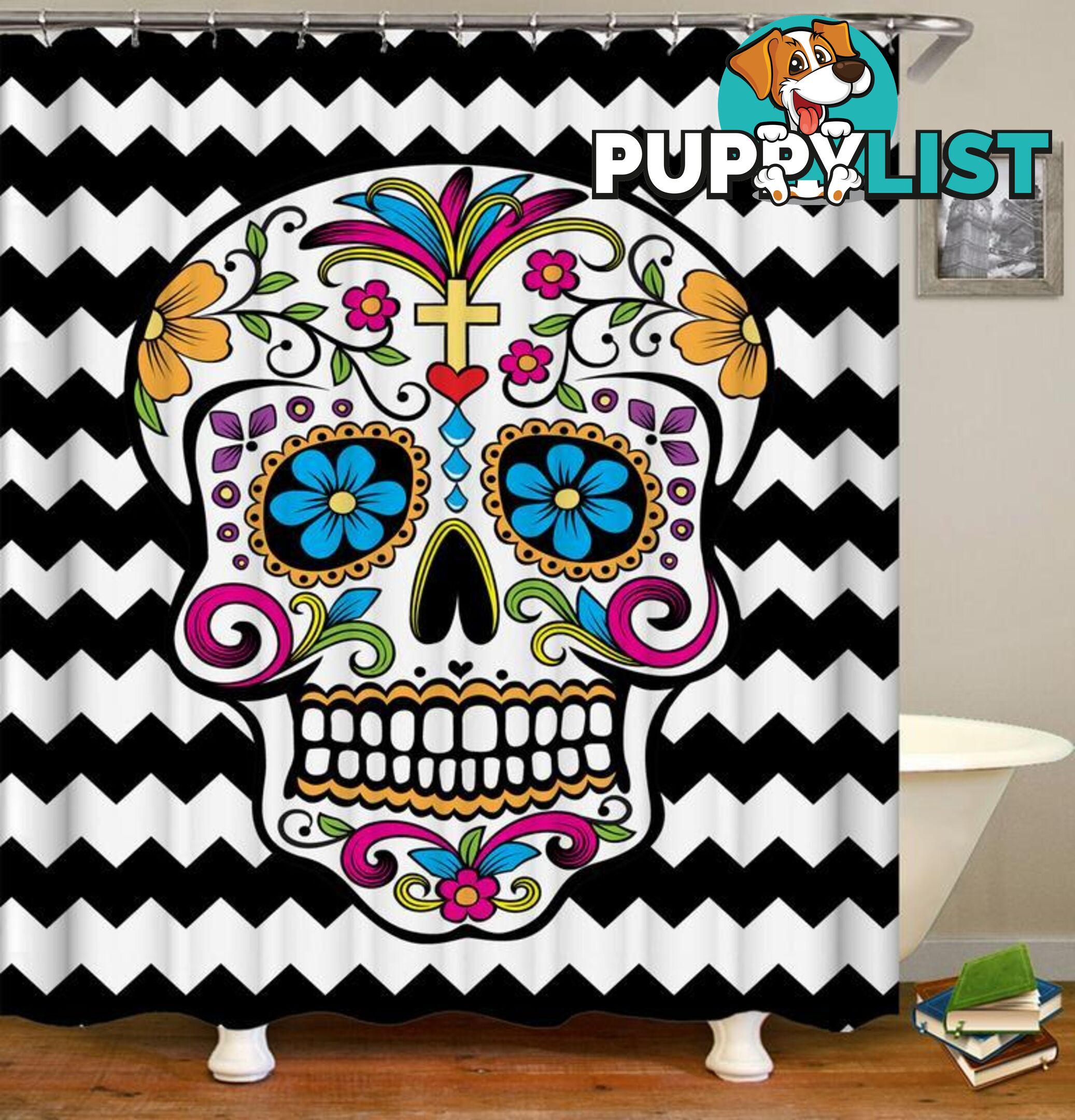 Sugar Skull Black & White Chevron Shower Curtain - Curtain - 7427046027038