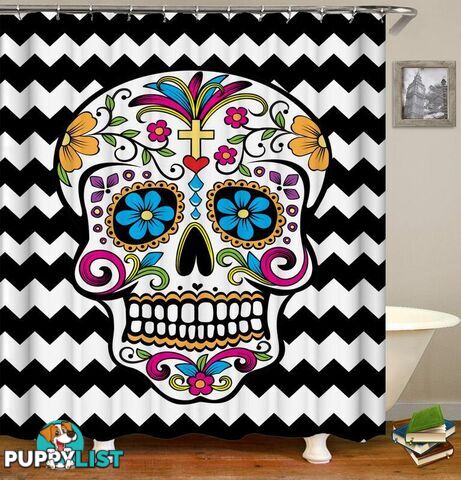 Sugar Skull Black & White Chevron Shower Curtain - Curtain - 7427046027038