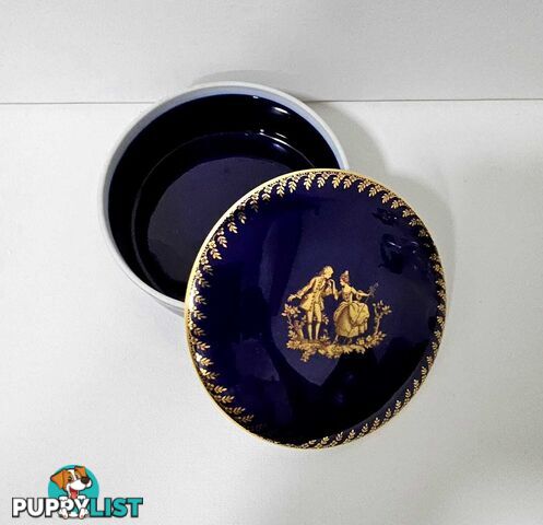 Vintage Porcelain de LIMOGES Ternet France Cobalt Blue and Gold Round Jewelry Box