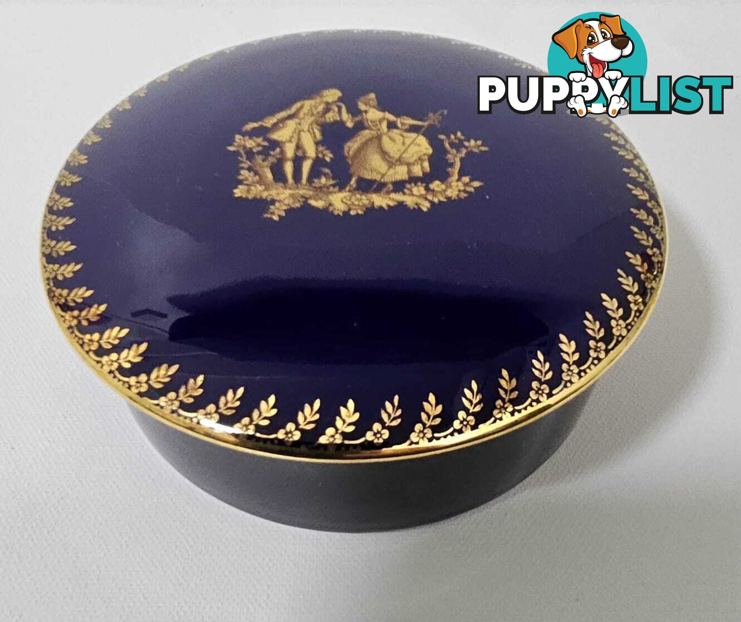 Vintage Porcelain de LIMOGES Ternet France Cobalt Blue and Gold Round Jewelry Box