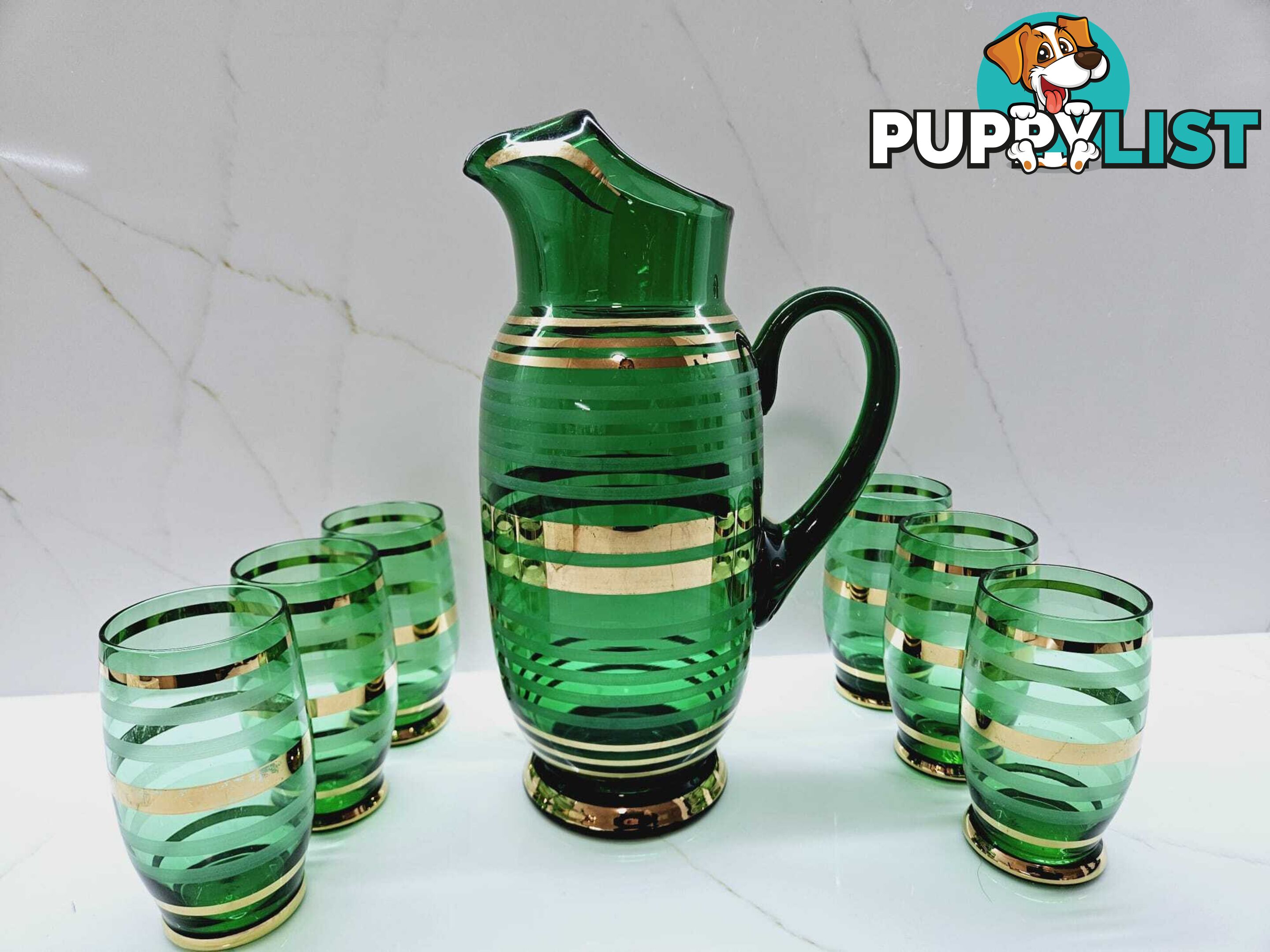 Vintage Bohemian Czech Green Glass Cocktail Decanter Pitcher & 6 Matching Glasse