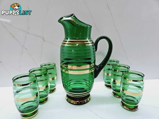 Vintage Bohemian Czech Green Glass Cocktail Decanter Pitcher & 6 Matching Glasse