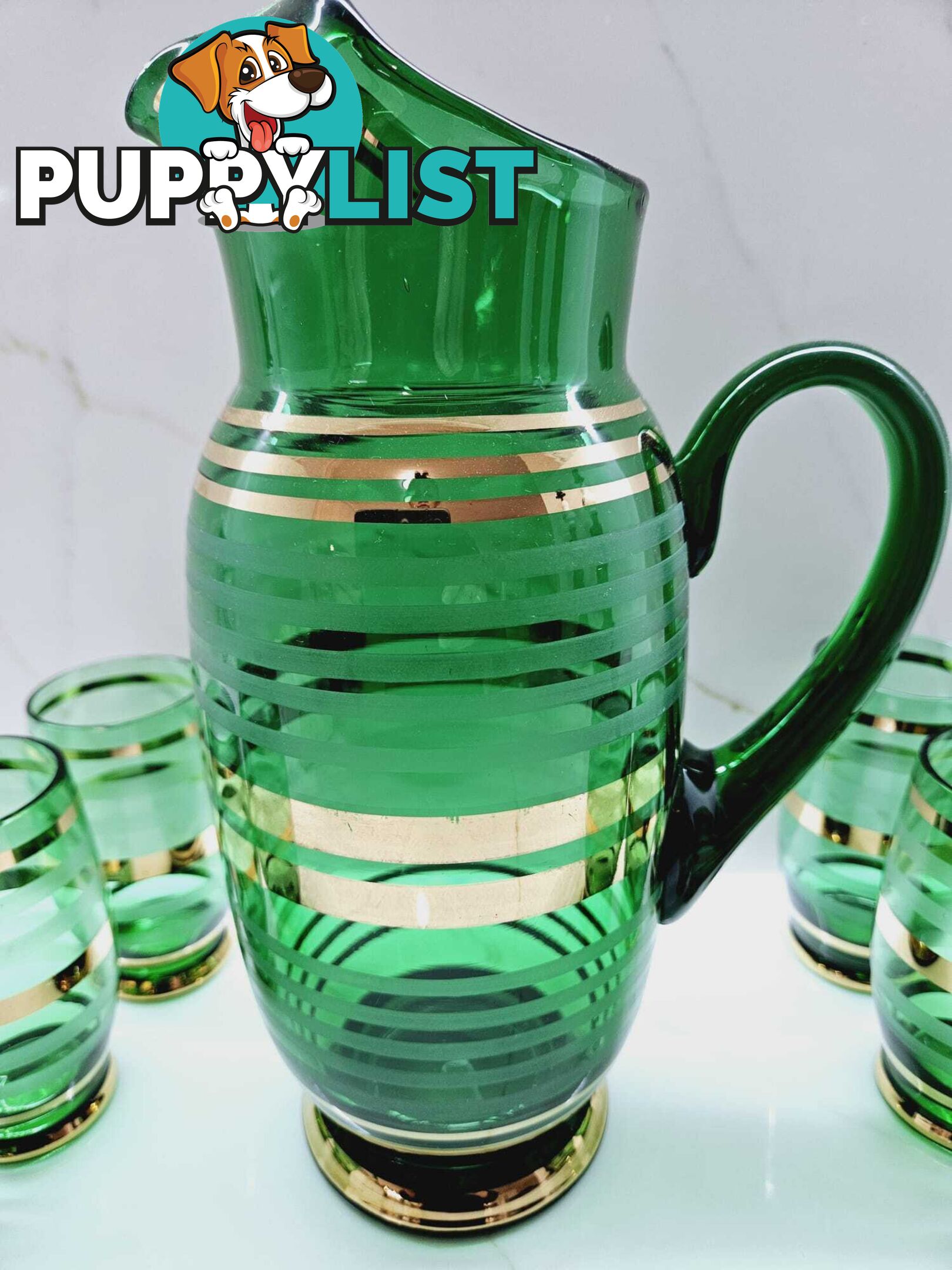 Vintage Bohemian Czech Green Glass Cocktail Decanter Pitcher & 6 Matching Glasse