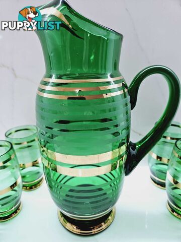 Vintage Bohemian Czech Green Glass Cocktail Decanter Pitcher & 6 Matching Glasse