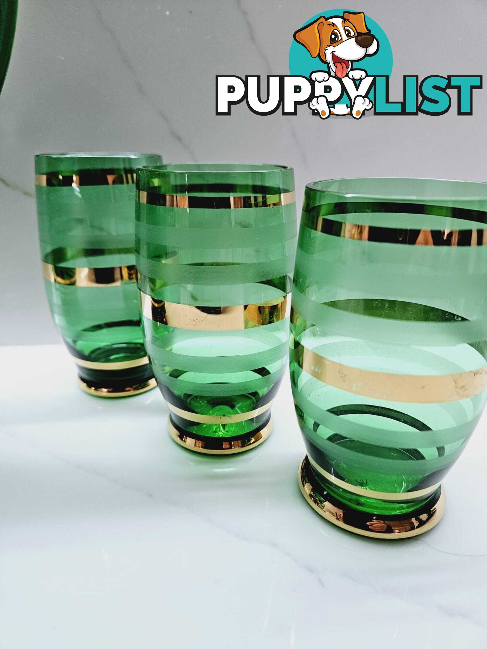 Vintage Bohemian Czech Green Glass Cocktail Decanter Pitcher & 6 Matching Glasse