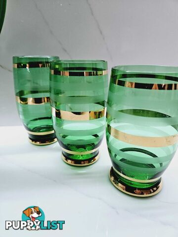Vintage Bohemian Czech Green Glass Cocktail Decanter Pitcher & 6 Matching Glasse