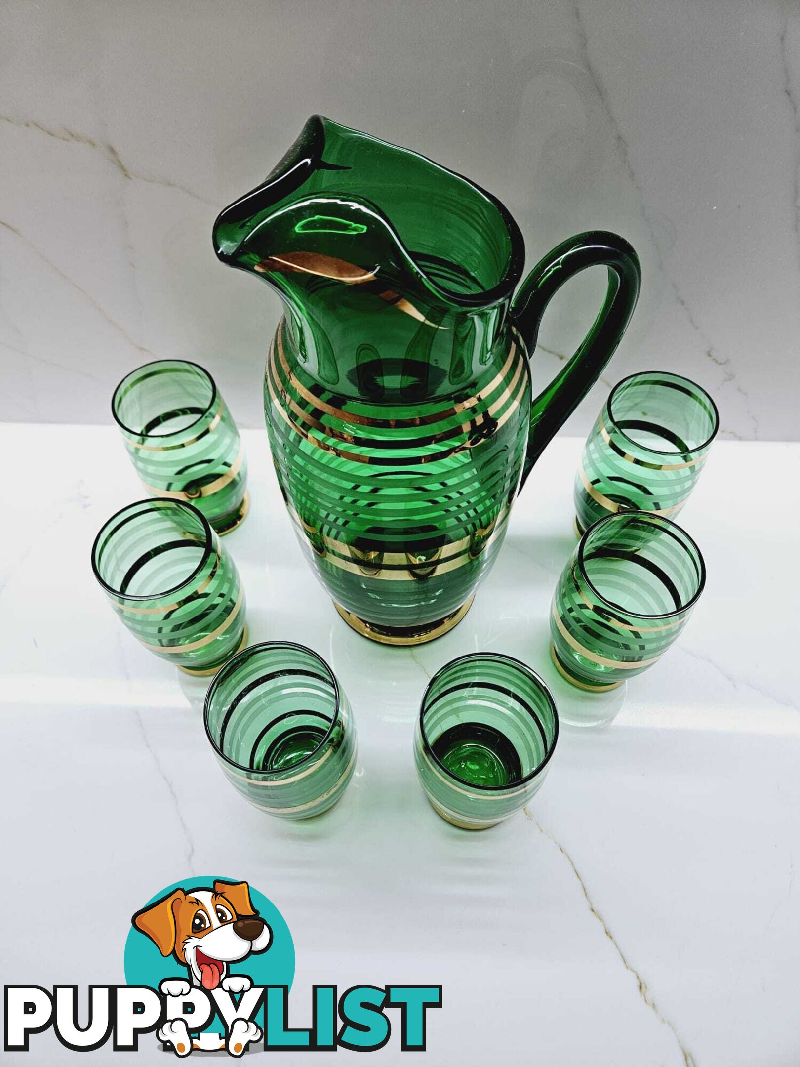 Vintage Bohemian Czech Green Glass Cocktail Decanter Pitcher & 6 Matching Glasse