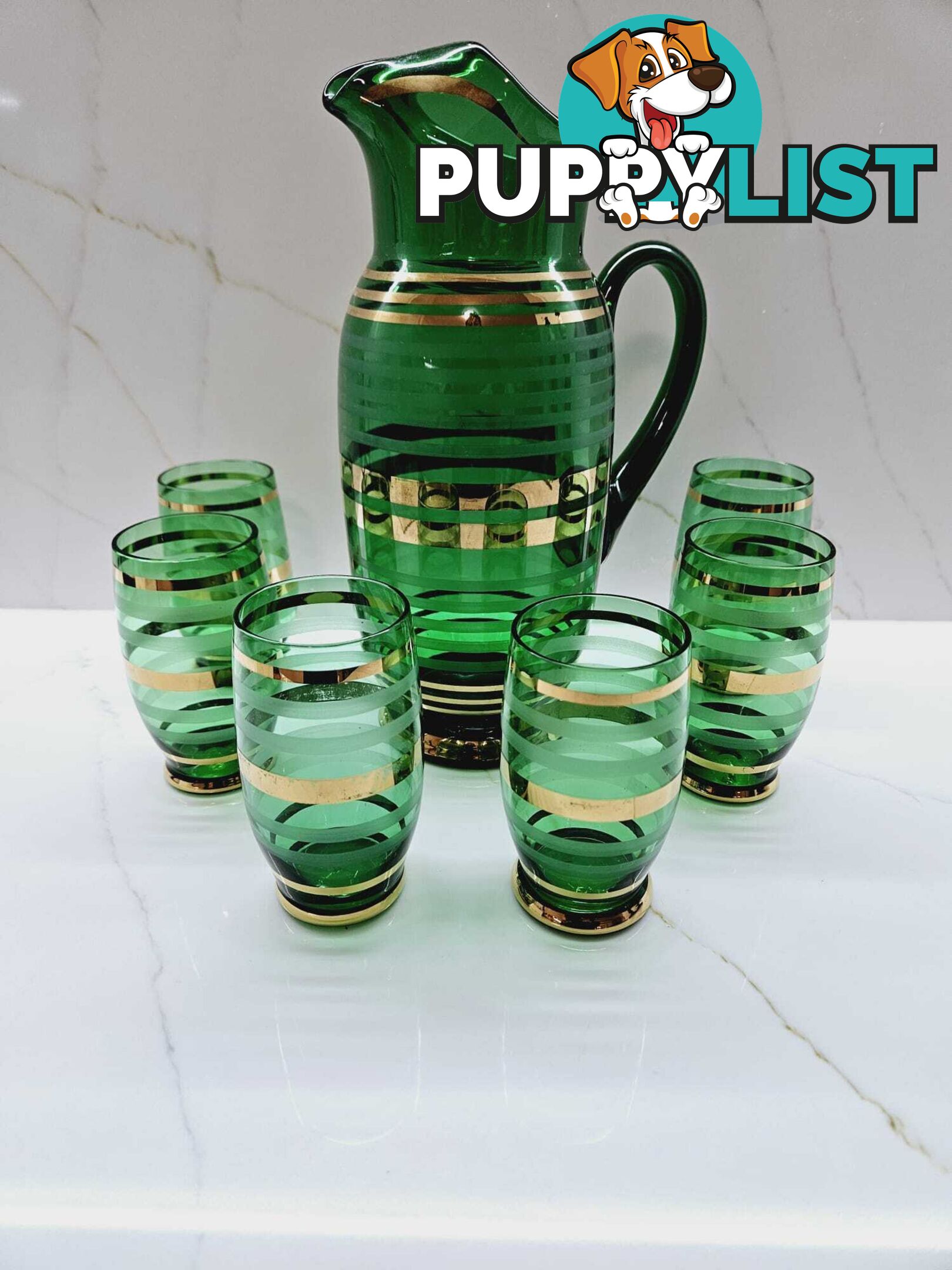 Vintage Bohemian Czech Green Glass Cocktail Decanter Pitcher & 6 Matching Glasse