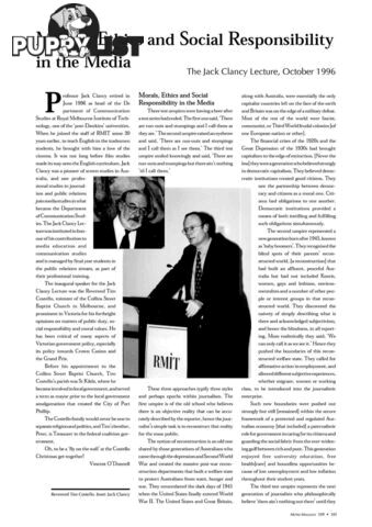 Morals, Ethics and Social Responsibility in the Media: The Jack Clancy Lecture, October 1996