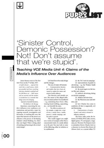 Sinister Control, Demonic Possession? Not! Don't Assume that We're Stupid': Teaching VCE Media Unit 4: Claims of the Media's Influence over Audiences