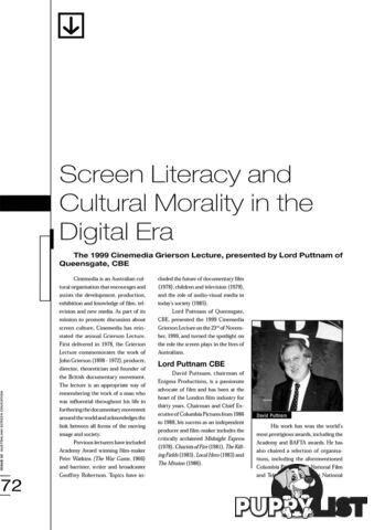 Screen Literacy and Cultural Morality in the Digital Era: The 1999 Cinemedia Grierson Lecture, Presented by Lord Puttnam of Queensgate, CBE