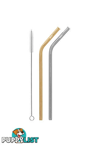 Cheeki 2 Pack Bent Stainless Steel Straws - Silver, Gold & Cleaning Brush - SB2PSG2