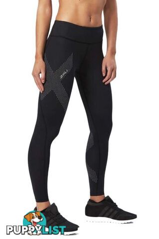 2XU Womens Mid-Rise Compression Tights - Black/Dotted Reflective Logo - S - WA2864b-BLK-DRF-S