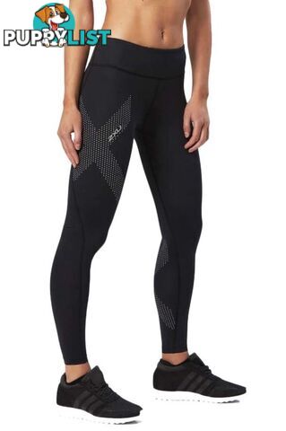 2XU Womens Mid-Rise Compression Tights - Black/Dotted Reflective Logo - WA2864b-BLK-DRF