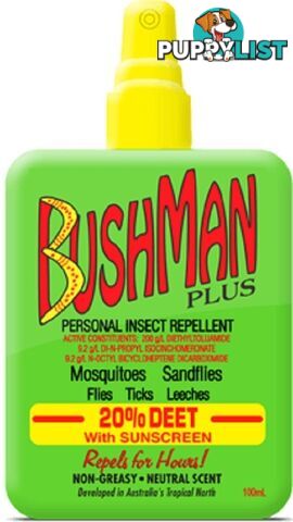 Bushman Plus Pump Spray 20% Deet Insect Repellent with Sunscreen -100 ml - BUS-P-100