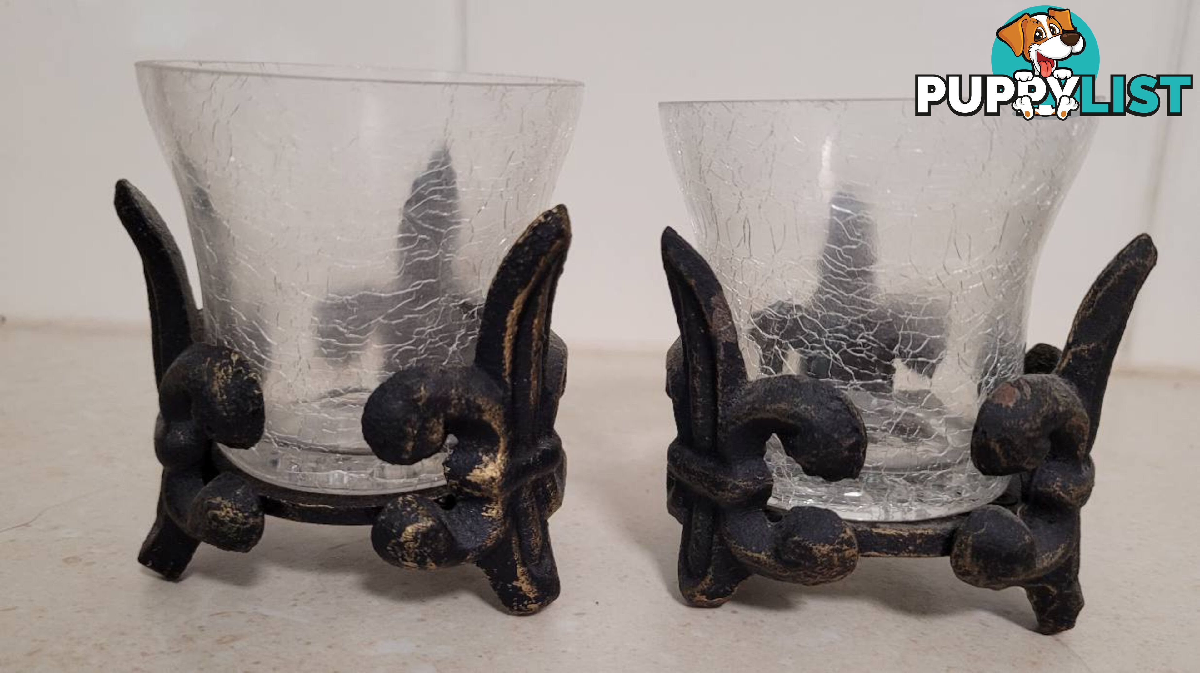 Crackle Glass Vase & Matching Votive Candle Holders - like new