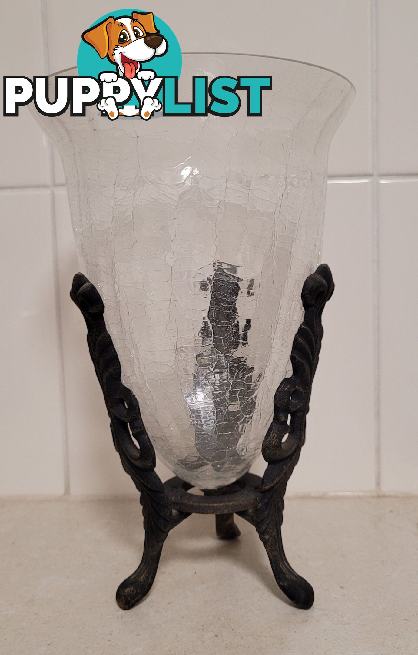 Crackle Glass Vase & Matching Votive Candle Holders - like new