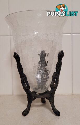 Crackle Glass Vase & Matching Votive Candle Holders - like new