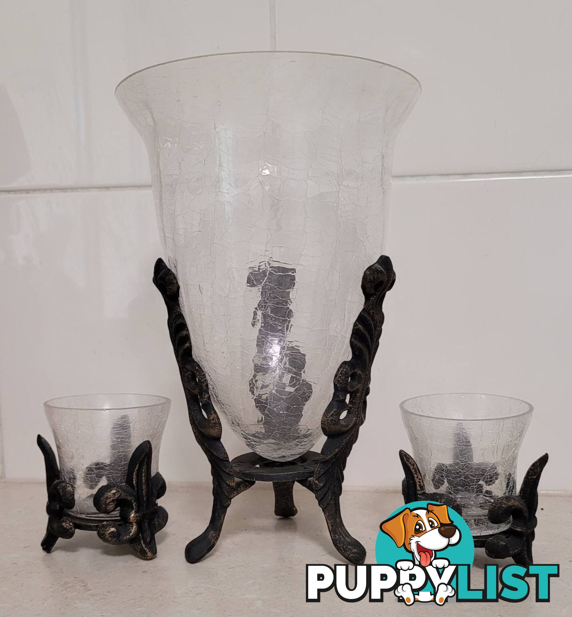 Crackle Glass Vase & Matching Votive Candle Holders - like new