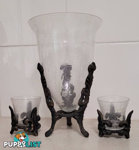 Crackle Glass Vase & Matching Votive Candle Holders - like new