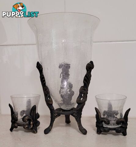 Vintage Crackle Glass Vase and matching votive holders - like new - great gift idea