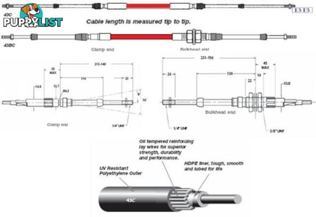 43B0625 TFX 43B cable, bulkhead end, 6.25m