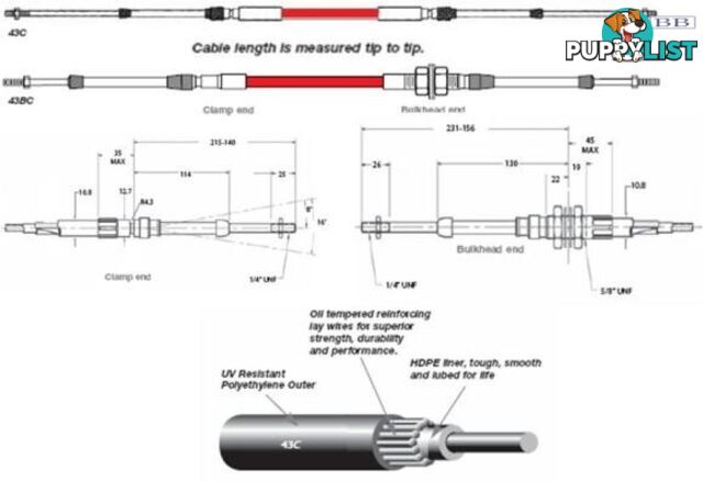 43C1000 TFX 43C cable, clamp end, 10.00m