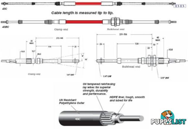 43B0700 TFX 43B cable, bulkhead end, 7.00m