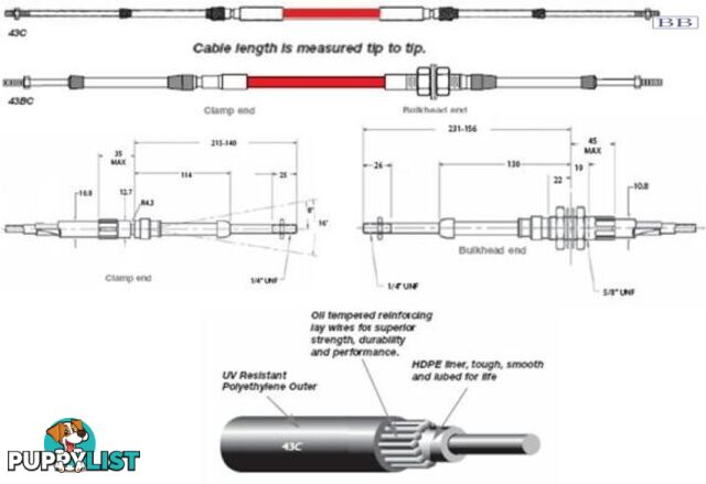 43B0300 TFX 43B cable, bulkhead end, 2.75m