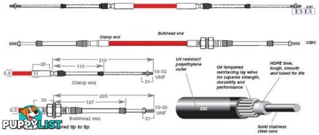 33B0550 TFX 33B cable, bulkhead ends, 5.50m