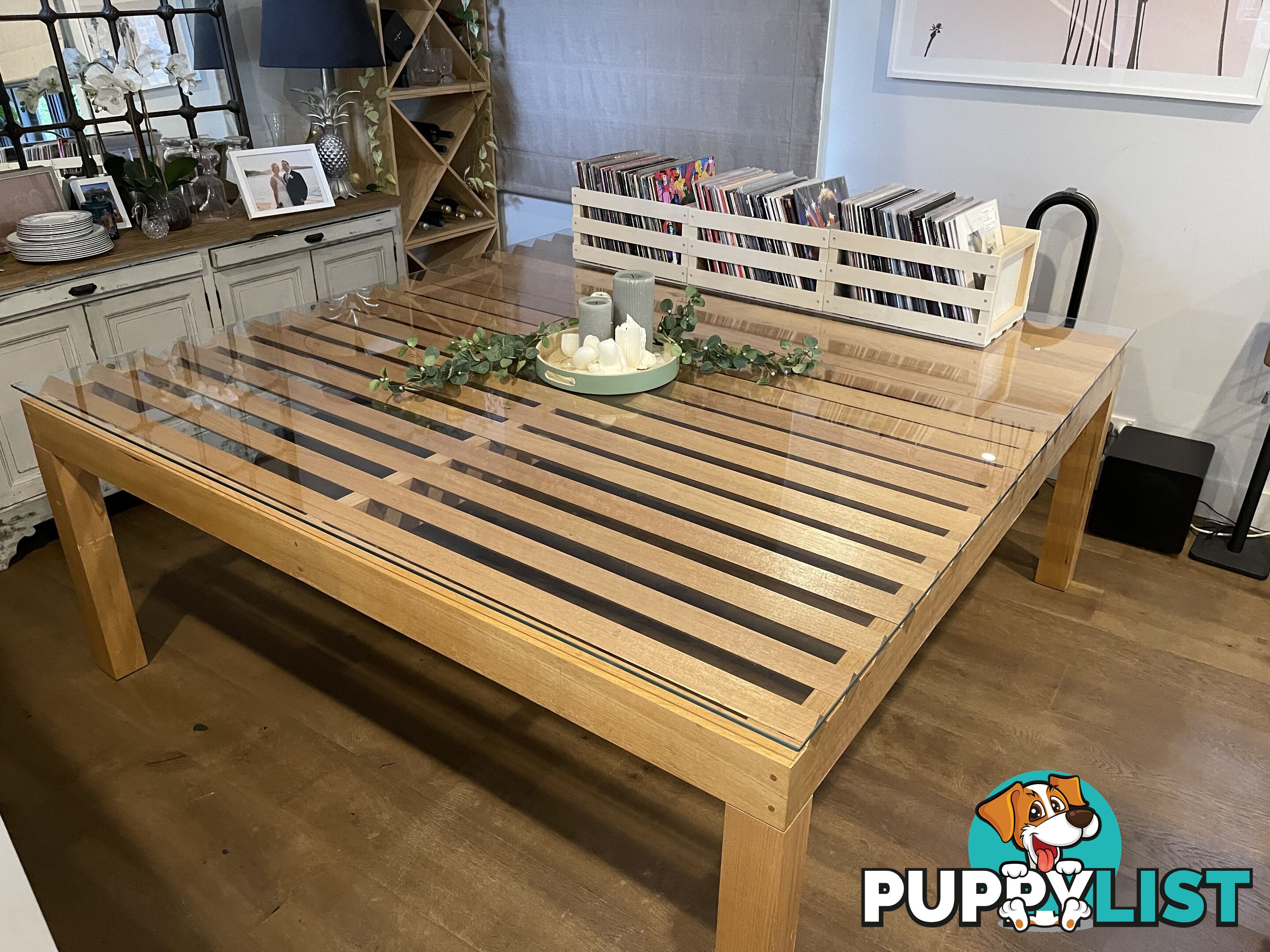 Large table with glass top.