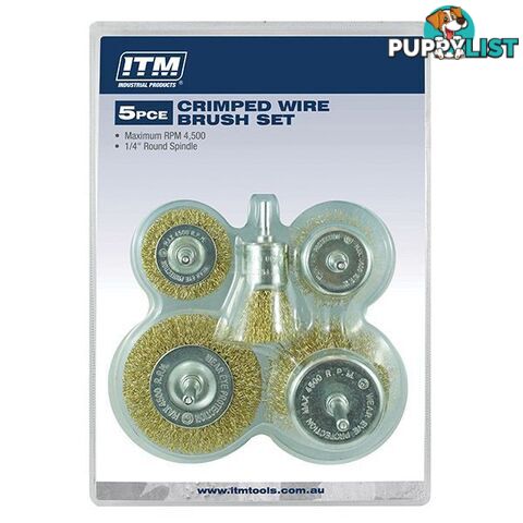 Crimp Wire Brush Kit 5pce: 50mm & 75mm Cup Brush And 50mm & 75mm Wheel Brush & 25mm End Brush ITM TM7016-005