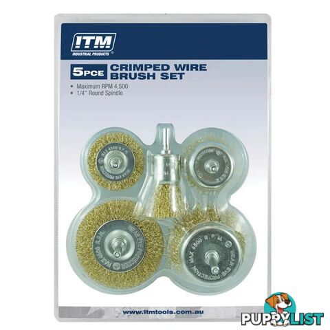 Crimp Wire Brush Kit 5pce: 50mm & 75mm Cup Brush And 50mm & 75mm Wheel Brush & 25mm End Brush ITM TM7016-005